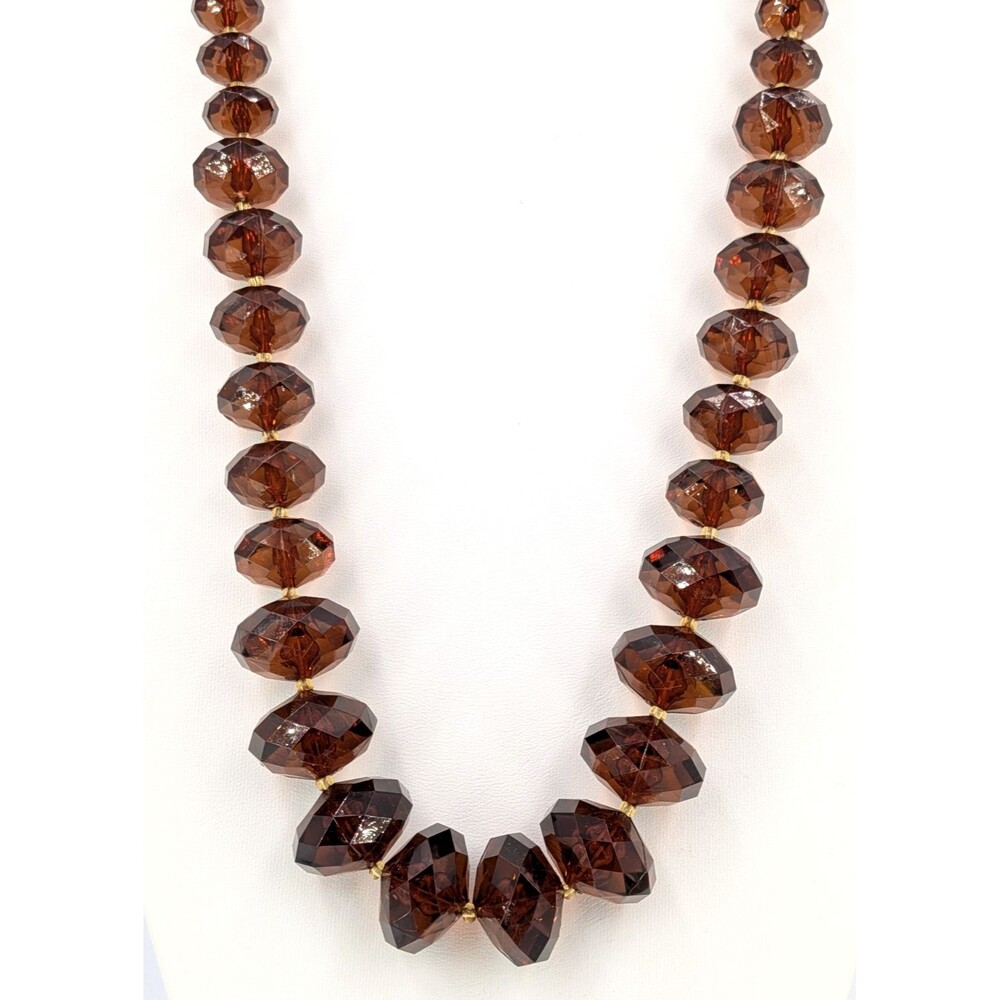Joan Rivers Faceted Faux Amber Brown Beaded Necklace 34in Signed Goldtone Long